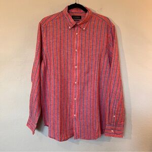 Piombo Men’s Button Up Shirt Large Red Blue Stripe Linen Cotton New
